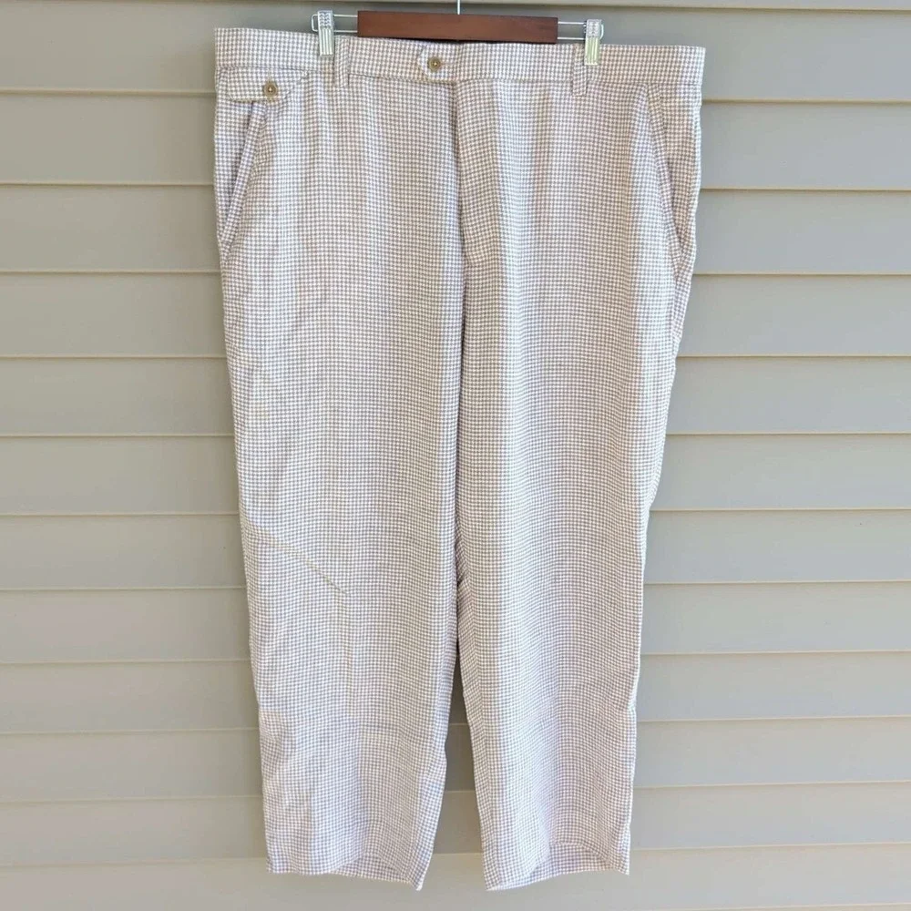 Stacy Adams Linen Dress Pants Mens 44x32 Tan White Houndstooth Flat Front Slacks